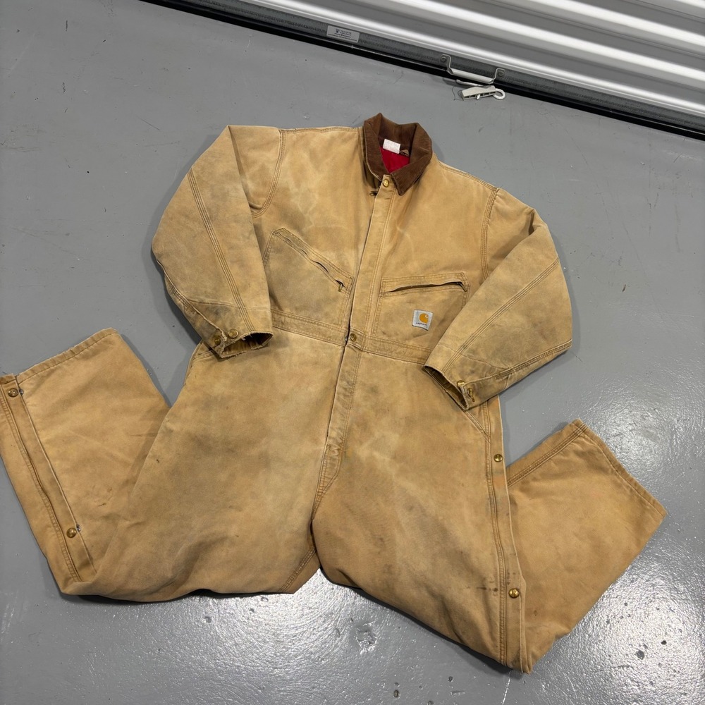 Carhartt Vintage Duck Canvas Insulated Coveralls Brown Quilt Lined Work Jumpsuit